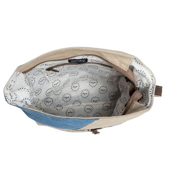 Myra Bag Handmade Blue Star Messenger Bag Upcycled Canvas & Cowhide Leather - Picture 14 of 15